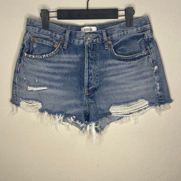 AGOLDE Parker Cut-Off Denim Shorts in Clutch Distressed Raw Hem - Size 28 - Picture 2 of 6